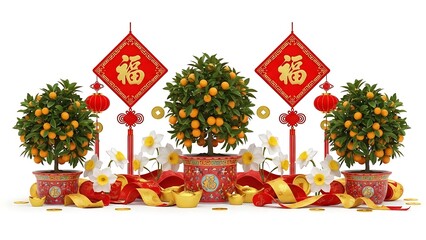A detailed Chinese New Year celebration scene centered on an isolated white background, featuring traditional red lanterns glowing warmly, golden fu characters symbolizing blessings, horse fire
