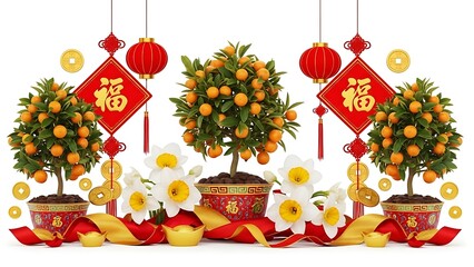 A detailed Chinese New Year celebration scene centered on an isolated white background, featuring traditional red lanterns glowing warmly, golden fu characters symbolizing blessings, horse fire