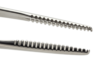 Close up of stainless steel surgical forceps with serrated tips on a transparent background