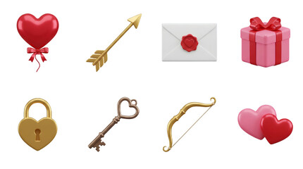 Valentine's Day set including heart balloon, arrow, envelope, gift, lock, key, and bow isolated. Romantic celebration and love collection.