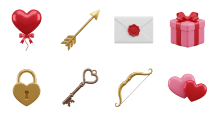 Valentine's Day set including heart balloon, arrow, envelope, gift, lock, key, and bow isolated. Romantic celebration and love collection.