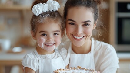 Smiling mother and daughter in matching aprons presenting homemade pie, dusted with powdered sugar, sharing joyful kitchen moment
