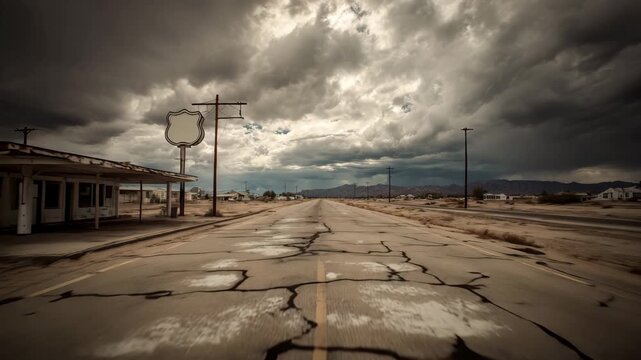 4K Abandoned roadside gas station and cracked desert highway under dramatic, stormy, dark clouds, symbolizing decay and forgotten routes video