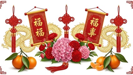 A detailed Chinese New Year celebration scene centered on an isolated white background, featuring traditional red lanterns glowing warmly, golden fu characters symbolizing blessings, horse fire