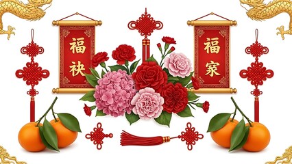 A detailed Chinese New Year celebration scene centered on an isolated white background, featuring traditional red lanterns glowing warmly, golden fu characters symbolizing blessings, horse fire