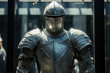 Historical knight armor on display in a modern museum setting