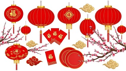 A detailed Chinese New Year celebration scene centered on an isolated white background, featuring traditional red lanterns glowing warmly, golden fu characters symbolizing blessings, horse fire