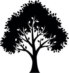 Obraz premium A black silhouette of a tree with a thick trunk and leafy branches against a white background