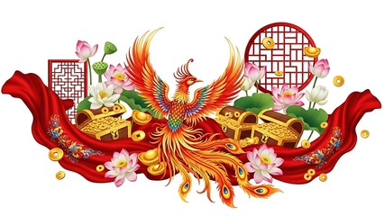 A detailed Chinese New Year celebration scene centered on an isolated white background, featuring traditional red lanterns glowing warmly, golden fu characters symbolizing blessings, horse fire