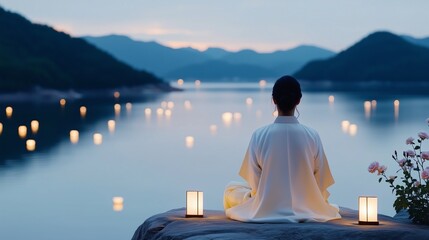 Peaceful female practicing meditation beside glowing lanterns, soft roses, floating lights illuminating tranquil lake with mountainous landscape during golden sunset