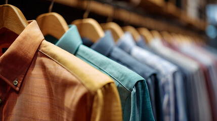 Collection of colorful men's collared shirts hanging on wooden hangers in a retail fashion boutique