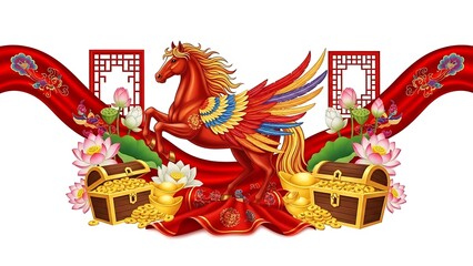 A detailed Chinese New Year celebration scene centered on an isolated white background, featuring traditional red lanterns glowing warmly, golden fu characters symbolizing blessings, horse fire