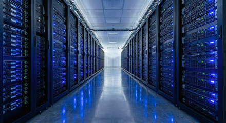 Data Center Server Room Featuring Rows of Racks with Blue LED Lights