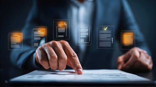 Businessman managing digital procurement with contracts and invoices. Concept: Digital procurement, B2B sourcing, vendor management, supply chain operations, paperless business processes, enterprise w