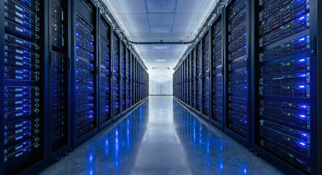 Data Center Server Room Featuring Rows of Racks with Blue LED Lights - Powered by Adobe