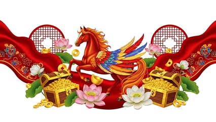 A detailed Chinese New Year celebration scene centered on an isolated white background, featuring traditional red lanterns glowing warmly, golden fu characters symbolizing blessings, horse fire