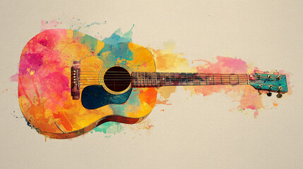 Artistic watercolor illustration of an acoustic guitar with colorful paint splashes on a paper background