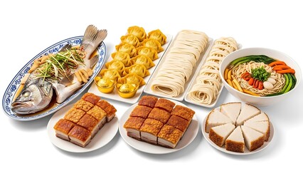 An elegant Chinese New Year dining spread on an isolated white background, showcasing succulent braised pork belly in rich reddish brown sauce glistening with flavor, and more of chinese new year