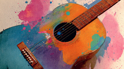 Close-up abstract watercolor painting of an acoustic guitar body with vibrant artistic splatters