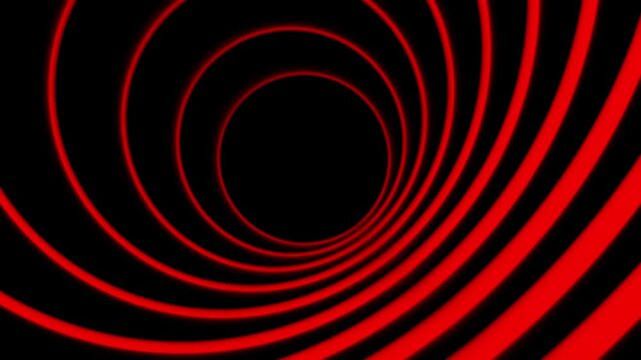 Abstract red neon glowing concentric circles spiral tunnel on black background motion loop