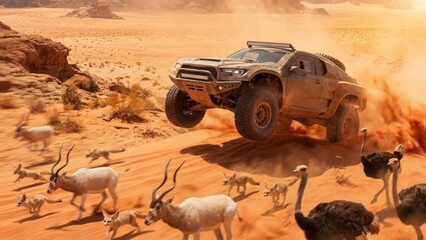 Off-road buggy jumping over animals in desert canyon.