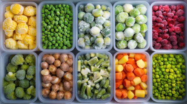 Assorted frozen vegetables in containers: corn, peas, brussels sprouts, broccoli, carrots, potatoes.