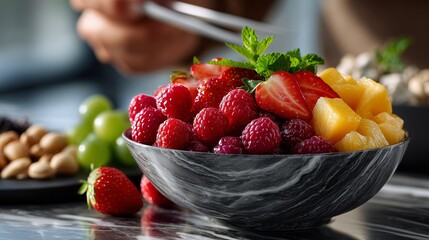 Mixed berries and pineapple chunks nestled in marble bowl, garnished with fresh mint leaves, presenting colorful, healthy summer fruit medley