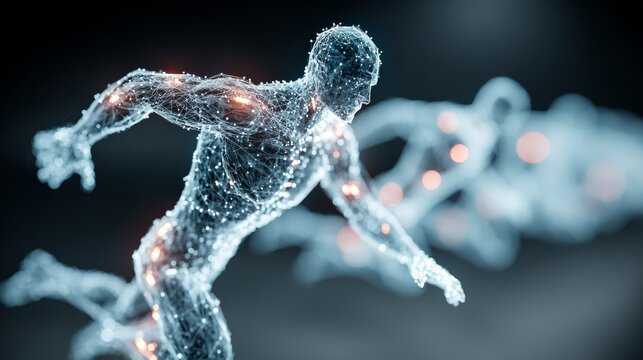 Stunning digital human figure with glowing connections running dynamically