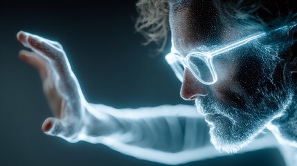 Man in glasses interacts with futuristic glowing interface