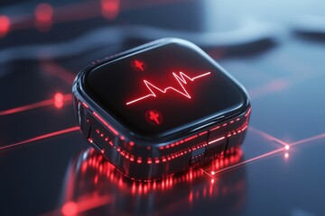 Futuristic health monitor with heartbeat display on sleek black background