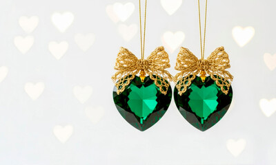 A pair of heart shaped emerald gemstones adorned with gold lace bows on a light background.