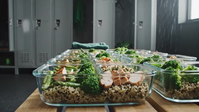 Meal Prep Containers Arranged In Locker Room Scene, Promoting Healthy Lifestyle And Fitness