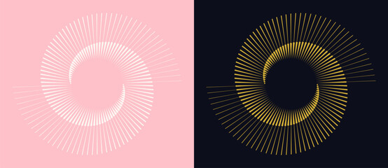 Obraz premium Abstract spiral vortex with radial symmetry. Dynamic circular lines create a 3D illusion of depth and motion, perfect for design, technology, or futuristic concepts. White on pink, Golden on black.