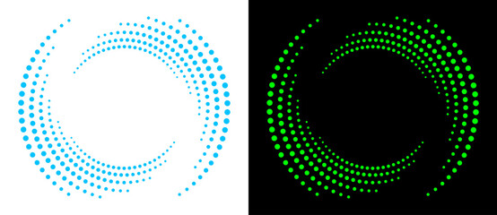 Abstract spiral dot pattern in blue and green on contrasting backgrounds. Optical illusion effect with dynamic circular motion and visual depth. Modern minimal design. © Mykola Mazuryk