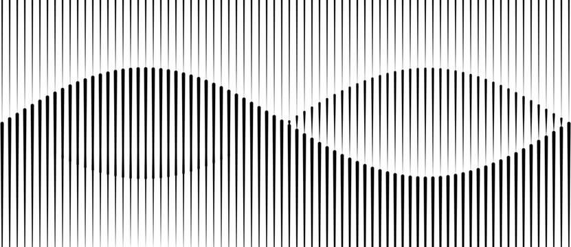 Abstract optical illusion with vertical black lines forming a wave-like shape. Geometric distortion creates a hidden sinusoidal pattern through contrast and spacing. Minimal black and white design.