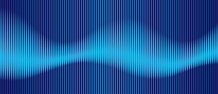 Abstract wave interference pattern with vertical blue lines on a dark background. Sinusoidal amplitude variations create a dynamic visual representing physics, motion, and digital energy.