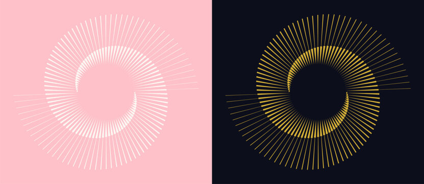 Abstract spiral vortex with radial symmetry. Dynamic circular lines create a 3D illusion of depth and motion, perfect for design, technology, or futuristic concepts. White on pink, Golden on black.