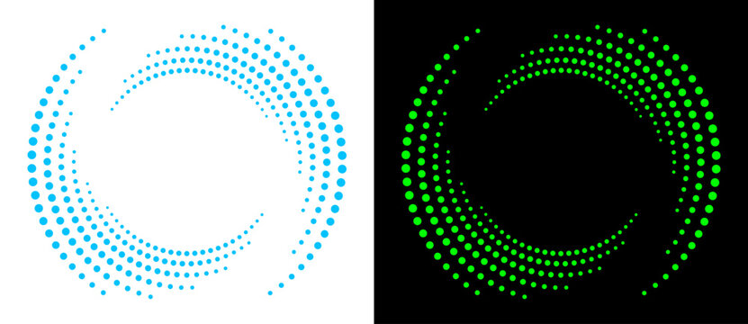 Abstract spiral dot pattern in blue and green on contrasting backgrounds. Optical illusion effect with dynamic circular motion and visual depth. Modern minimal design.