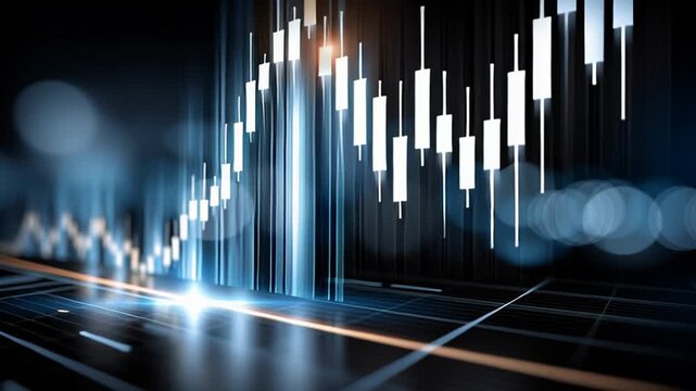 Digital screen displaying financial market data, transitioning rapidly with blurred tech backdrop, unveiling complex trading patterns and global economic insights