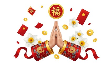 An elegant Chinese greeting symbol on an isolated white background, showcasing the character Fu meaning blessing in bold red calligraphy with gold borders and ornate decorative patterns,gong xi fa cai