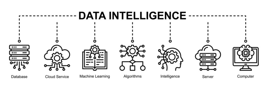Data Intelligence web banner icon vector representing data processing, cloud systems, machine learning algorithms, and intelligent computing