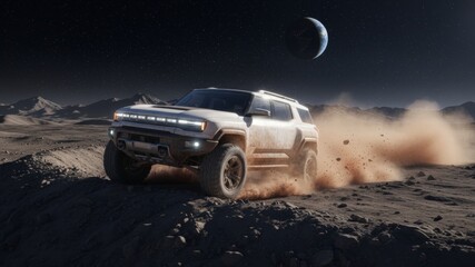 Modern futuristic rover driving through rocky lunar desert.