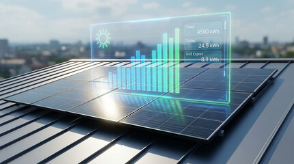 Solar panels on rooftop with digital energy monitoring interface displaying power production and grid export data