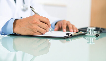 Fototapeta premium Doctor writing on clipboard with stethoscope nearby in office