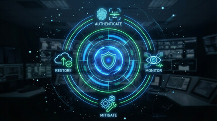 Futuristic Cybersecurity Digital Interface with Shield Icon for Data Protection Authentication and Monitoring