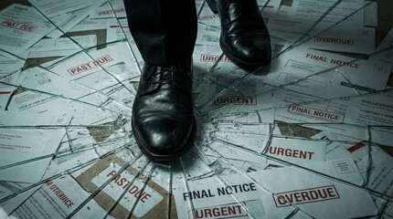 Man in Formal Shoes Standing on Broken Glass and Overdue Bills Symbolizing Financial Ruin and Debt