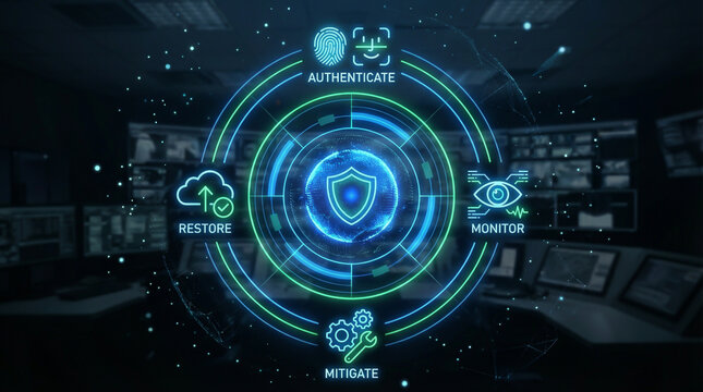 Futuristic Cybersecurity Digital Interface with Shield Icon for Data Protection Authentication and Monitoring - Powered by Adobe