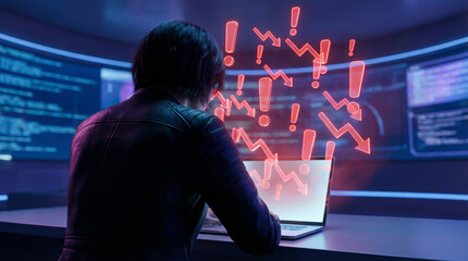 Cybersecurity Professional Facing System Error and Data Breach with Red Warning Icons in Futuristic Control Room