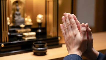 仏壇に手を合わせる日本人の手元 供養や祈りの合掌