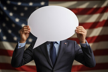 Anonymous politician holding blank speech bubble standing against backdrop american flag for president day national holidays